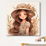 Tableaux Fille de dessin animé aux cheveux longs portant un chapeau et des fleurs