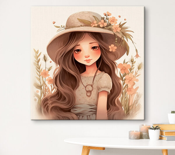 Fille de dessin animé aux cheveux longs portant un chapeau et des fleurs Tableaux Fille de dessin animé aux cheveux longs portant un chapeau et des fleurs
