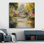 Tableaux Pont au-dessus d'un étang avec des nénuphars et des fleurs