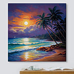 Tableaux Peinture d'une plage avec des palmiers et des vagues