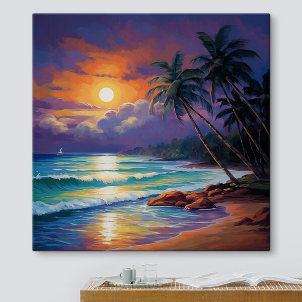 Peinture d'une plage avec des palmiers et des vagues Tableaux Peinture d'une plage avec des palmiers et des vagues