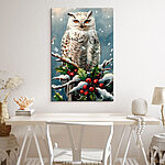 Tableaux Hibou blanc assis sur une branche avec de la neige et des baies
