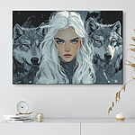 Tableaux Femme aux cheveux blancs avec un loup derrière elle