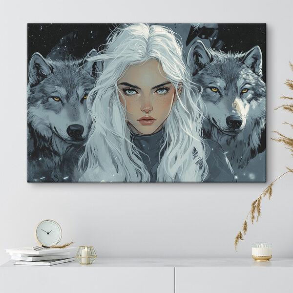 Femme aux cheveux blancs avec un loup derrière elle Tableaux Femme aux cheveux blancs avec un loup derrière elle