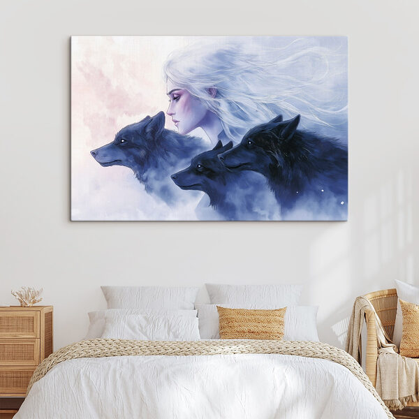 Femme aux cheveux blancs et loups Tableaux Femme aux cheveux blancs et loups