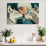 Tableaux Femme aux cheveux blancs et deux loups