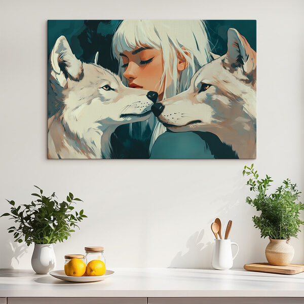 Femme aux cheveux blancs et deux loups Tableaux Femme aux cheveux blancs et deux loups