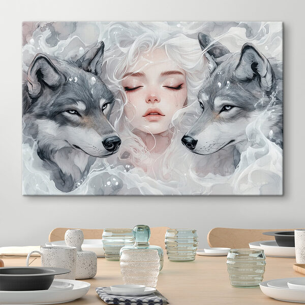 Femme aux cheveux blancs et deux loups Tableaux Femme aux cheveux blancs et deux loups