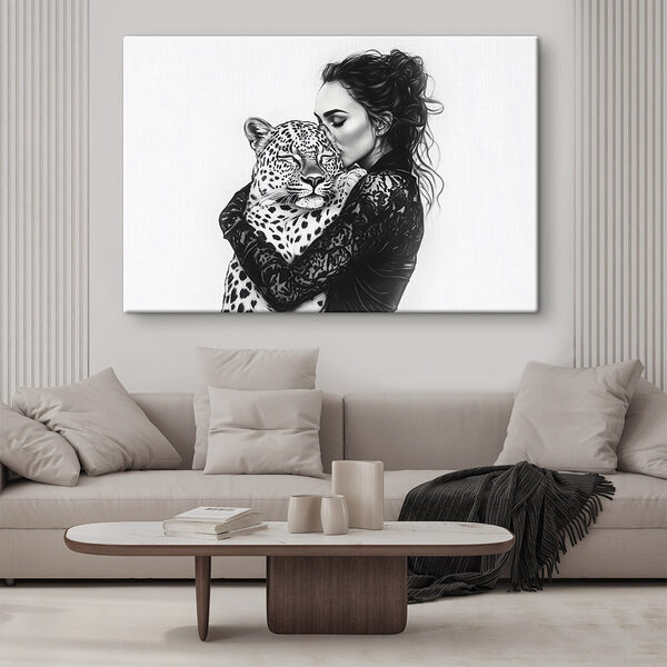 Femme serrant un léopard dans ses bras Tableaux Femme serrant un léopard dans ses bras