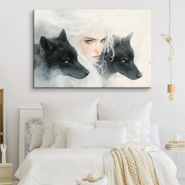 Femme aux cheveux blancs et deux loups Tableaux Femme aux cheveux blancs et deux loups