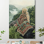 Tableaux Femme assise sur un rocher regardant une vallée brumeuse