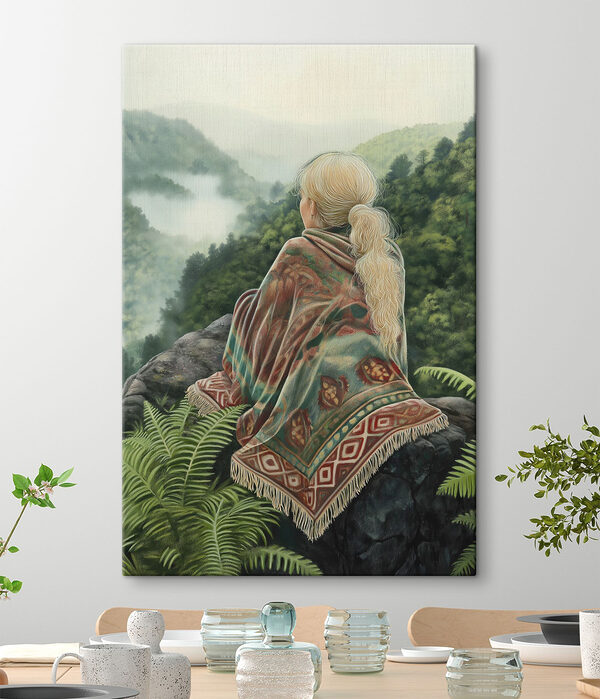 Femme assise sur un rocher regardant une vallée brumeuse Tableaux Femme assise sur un rocher regardant une vallée brumeuse