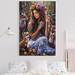 Tableaux Peinture d'une femme tenant des fleurs et des oiseaux