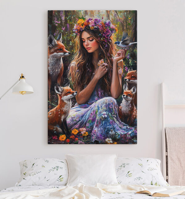 Peinture d'une femme tenant des fleurs et des oiseaux Tableaux Peinture d'une femme tenant des fleurs et des oiseaux