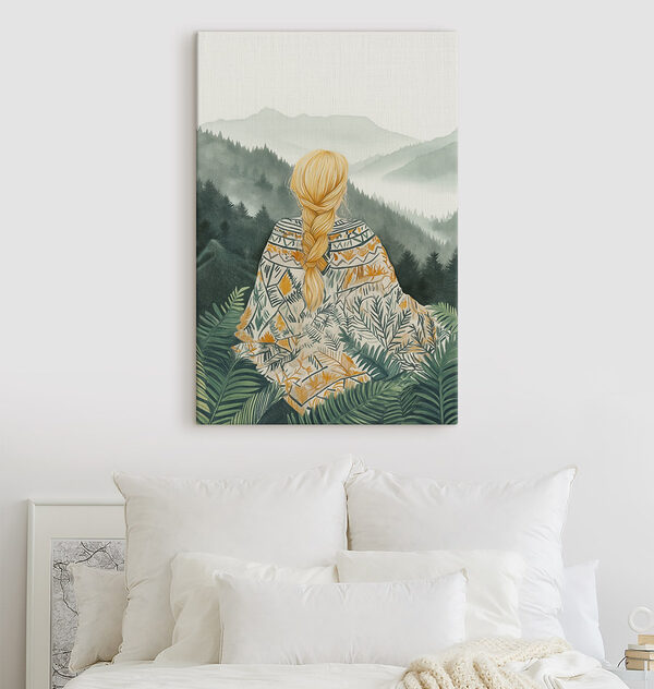 Femme assise dans une forêt regardant les montagnes Tableaux Femme assise dans une forêt regardant les montagnes