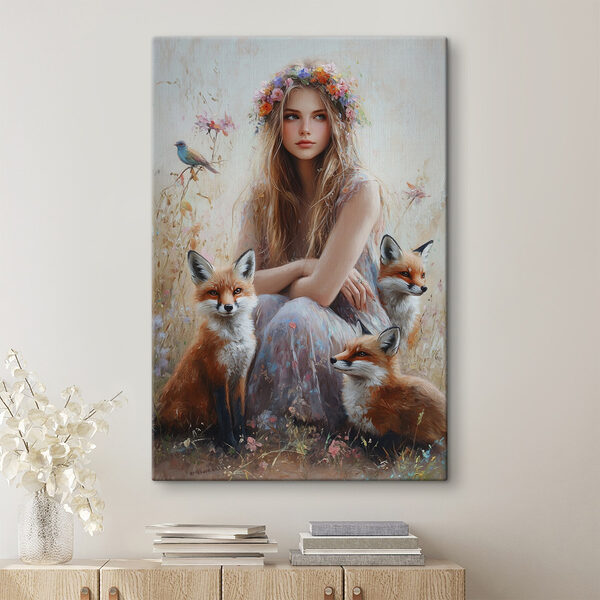 Peinture d'une femme avec des renards Tableaux Peinture d'une femme avec des renards