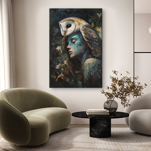 Peinture d'une femme avec un hibou sur la tête Tableaux Peinture d'une femme avec un hibou sur la tête