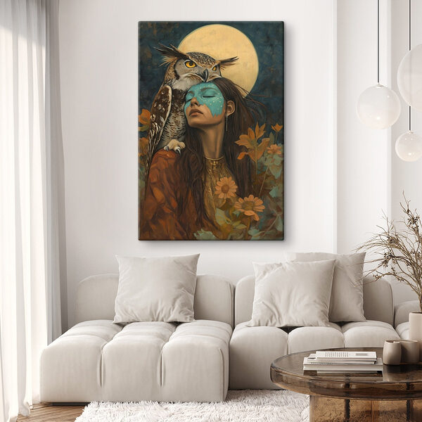 Peinture d'une femme avec un hibou sur la tête Tableaux Peinture d'une femme avec un hibou sur la tête