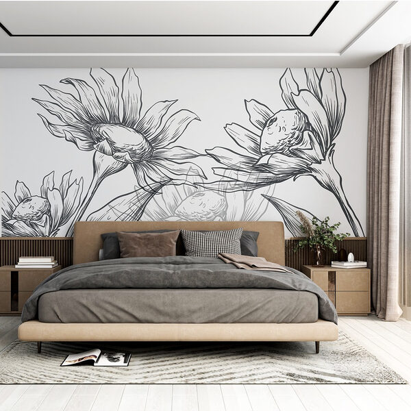 Dessin de fleurs avec des feuilles Papier peint Dessin de fleurs avec des feuilles