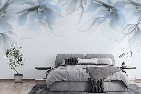 Groupe de fleurs avec des fleurs blanches et bleues Papier peint Groupe de fleurs avec des fleurs blanches et bleues