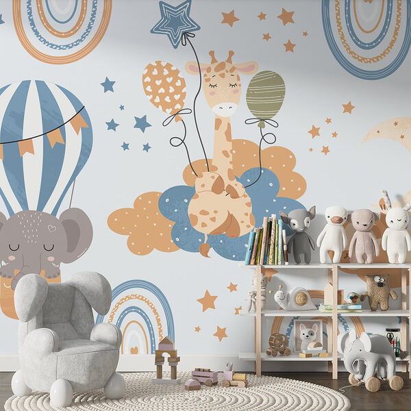 Motif d'animaux sur des nuages et des ballons Papier peint Motif d'animaux sur des nuages et des ballons