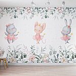 Papier peint Groupe d'animaux en jupes tutu roses et fleurs
