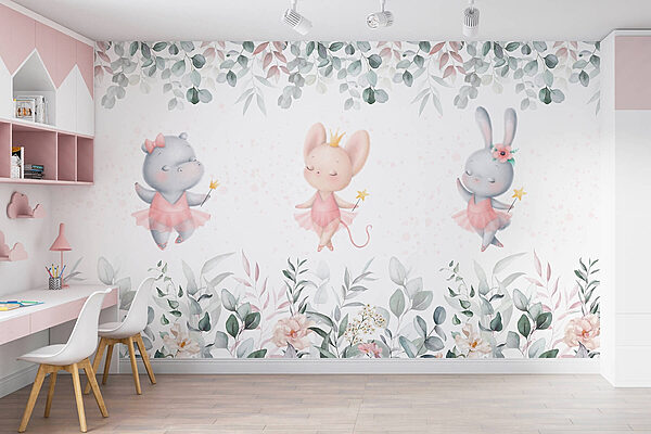 Groupe d'animaux en jupes tutu roses et fleurs Papier peint Groupe d'animaux en jupes tutu roses et fleurs