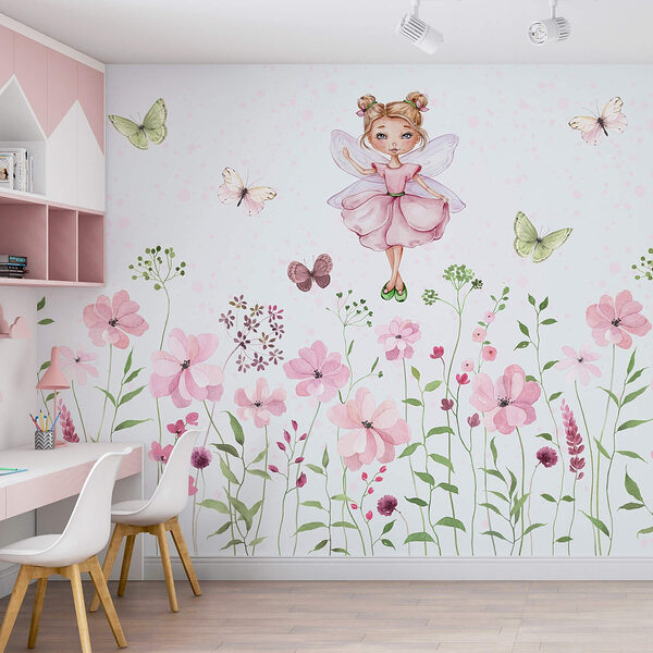 Aquarelle d'une fée en robe rose entourée de fleurs Papier peint Aquarelle d'une fée en robe rose entourée de fleurs