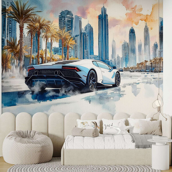 Peinture d'une voiture de sport blanche roulant sur une route avec des palmiers Papier peint Peinture d'une voiture de sport blanche roulant sur une route avec des palmiers