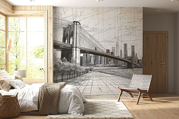 Dessin d'un pont et d'une ville Papier peint Dessin d'un pont et d'une ville