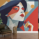 Papier peint Femme aux cheveux bleus et au maquillage rouge et blanc