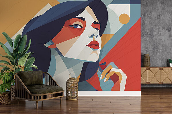 Femme aux cheveux bleus et au maquillage rouge et blanc Papier peint Femme aux cheveux bleus et au maquillage rouge et blanc