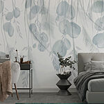 Papier peint Fond blanc et gris avec plumes et fleurs