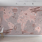 Papier peint Carte du monde avec avions et montgolfières