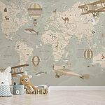 Papier peint Carte du monde avec avions et montgolfières