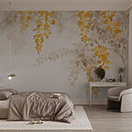 Papier peint Feuilles jaunes et grises sur fond blanc