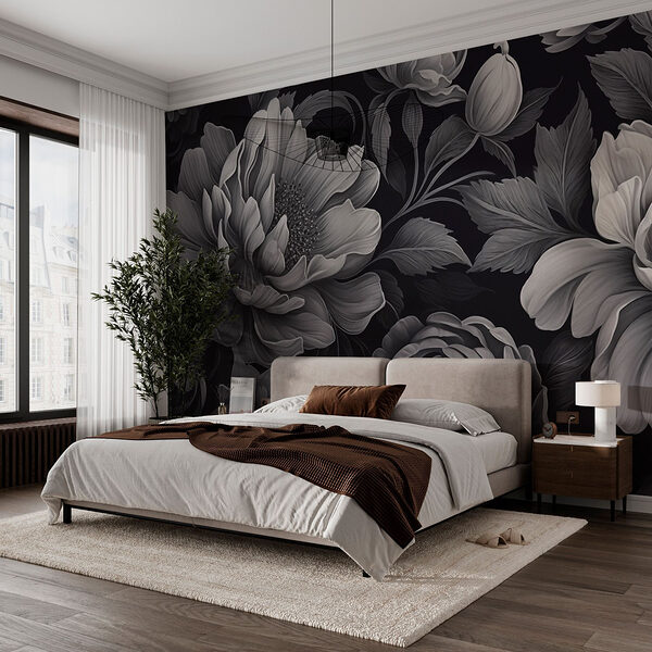 Motif floral noir et blanc Papier peint Motif floral noir et blanc