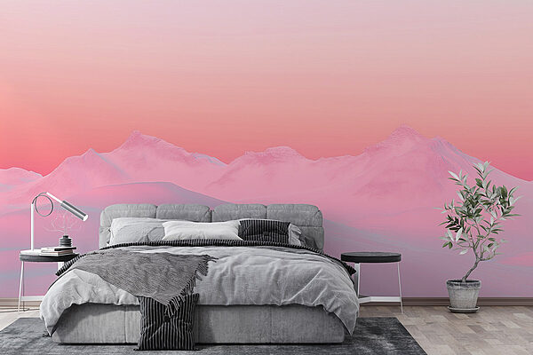 Ciel rose et bleu sur une chaîne de montagnes enneigées Papier peint Ciel rose et bleu sur une chaîne de montagnes enneigées