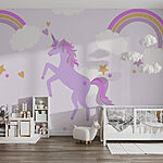 Papier peint Licorne violette avec des étoiles et des arcs-en-ciel