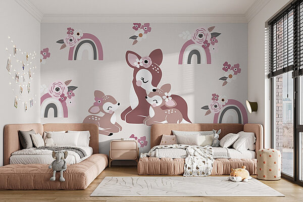 Groupe de cerfs et de fleurs Papier peint Groupe de cerfs et de fleurs