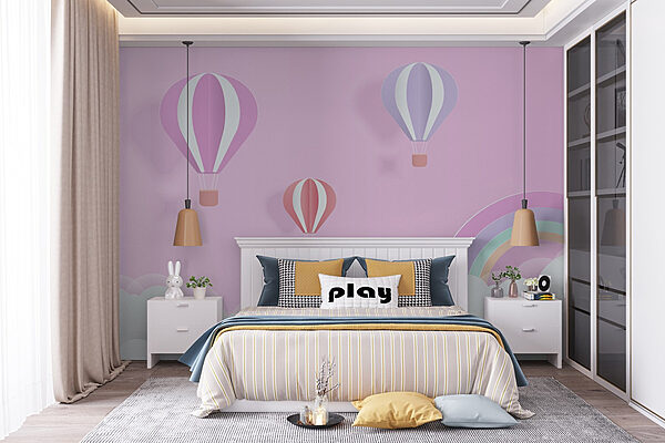 Fond rose avec des ballons et un arc-en-ciel Papier peint Fond rose avec des ballons et un arc-en-ciel