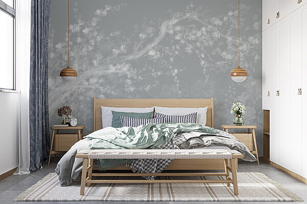 Motif floral blanc et gris Papier peint Motif floral blanc et gris