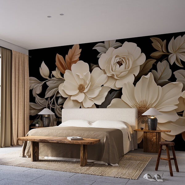 Groupe de fleurs blanches avec des feuilles brunes Papier peint Groupe de fleurs blanches avec des feuilles brunes