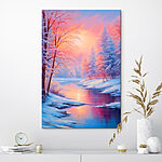 Tableaux Rivière avec des arbres couverts de neige et un coucher de soleil rose