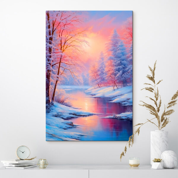 Rivière avec des arbres couverts de neige et un coucher de soleil rose Tableaux Rivière avec des arbres couverts de neige et un coucher de soleil rose