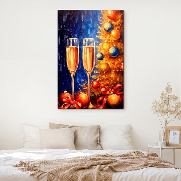 Peinture de deux coupes de champagne à côté d'un arbre de Noël Tableaux Peinture de deux coupes de champagne à côté d'un arbre de Noël