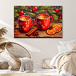Tableaux Peinture de deux tasses rouges avec des motifs blancs et des bâtons de cannelle et des étoiles d'anis