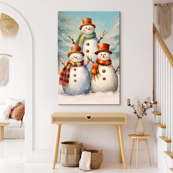Groupe de bonhommes de neige dans un paysage enneigé Tableaux Groupe de bonhommes de neige dans un paysage enneigé
