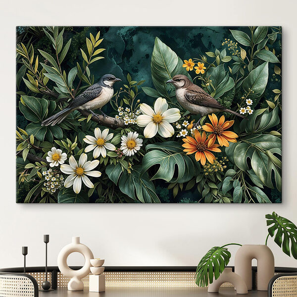 Oiseaux sur une branche avec des fleurs Tableaux Oiseaux sur une branche avec des fleurs