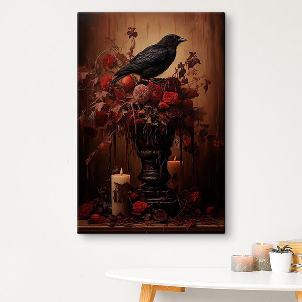 Oiseau noir assis sur un vase de fleurs et de bougies Tableaux Oiseau noir assis sur un vase de fleurs et de bougies